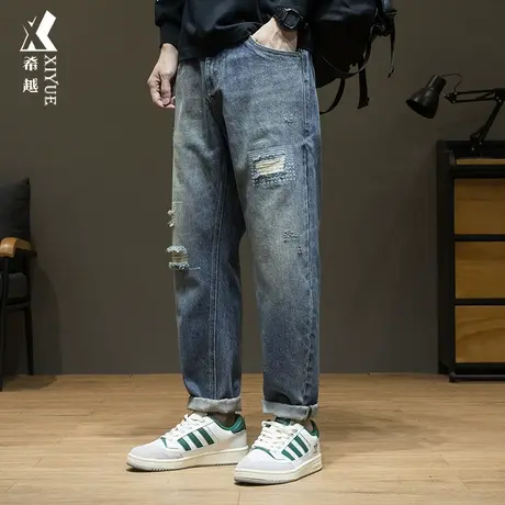 蓝色潮流破洞复古水洗牛仔裤男秋季新款宽松大码重磅贴布刺绣裤子商品大图