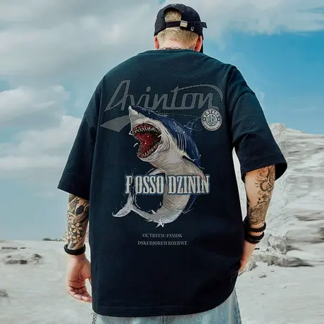 2023新款国潮t恤胖子男潮ins短袖潮牌宽松夏季大码五分半截袖潮流商品大图