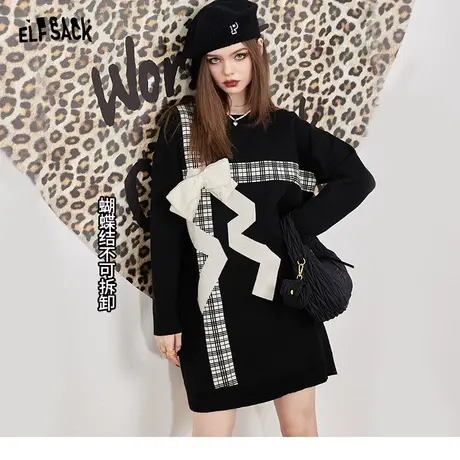 妖精的口袋蝴蝶结黑色针织连衣裙女2023秋季新款内搭中长款小黑裙商品大图