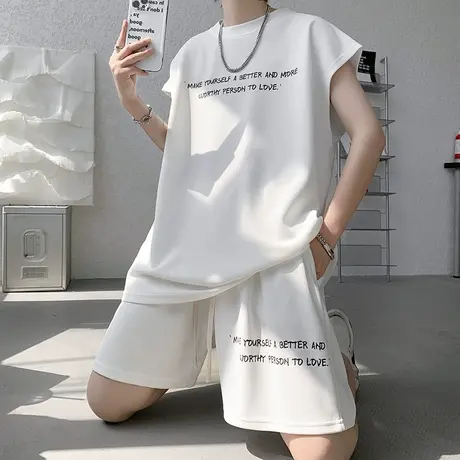 套装男夏季港风薄款百搭坎肩背心短裤ins潮牌冰丝休闲运动两件装商品大图