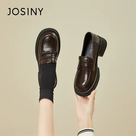 Josiny/卓诗尼圆头厚底乐福鞋女浅口2024新款春秋季黑色通勤单鞋商品大图
