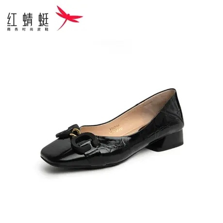 红蜻蜓女鞋2025年夏季新款软皮粗跟单鞋女百搭浅口低跟方头妈妈鞋商品大图