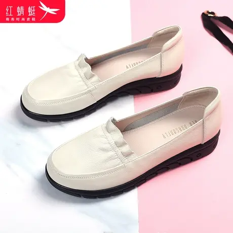 红蜻蜓女鞋春秋真皮浅口套脚软底老人皮鞋舒适平底休闲中年妈妈鞋商品大图