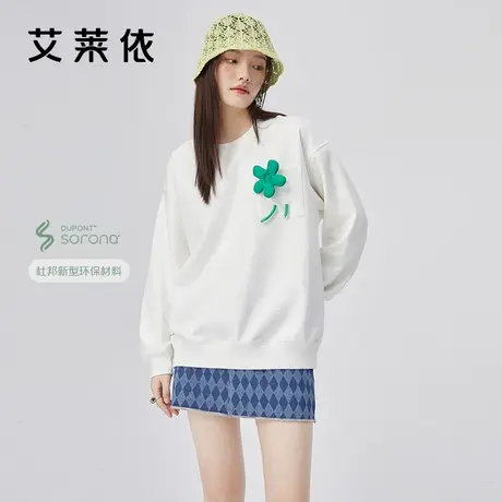 艾莱依卫衣2022新款女士春季潮款白色上衣花朵设计感oversize小众商品大图