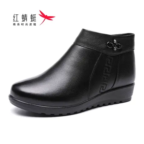 红蜻蜓女鞋冬季新款牛皮妈妈鞋高帮平底时尚保暖加绒防滑舒适透气图片