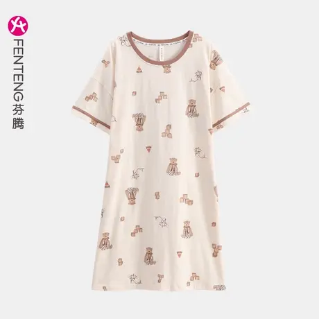 芬腾纯棉睡裙女夏季短袖薄款透气甜美韩版少女全棉宽松家居服套装商品大图