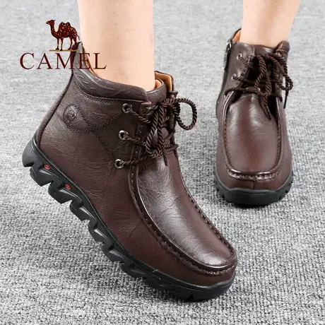 Camel/骆驼女鞋冬季款真牛皮加绒保暖平底舒适户外休闲妈妈女靴子图片