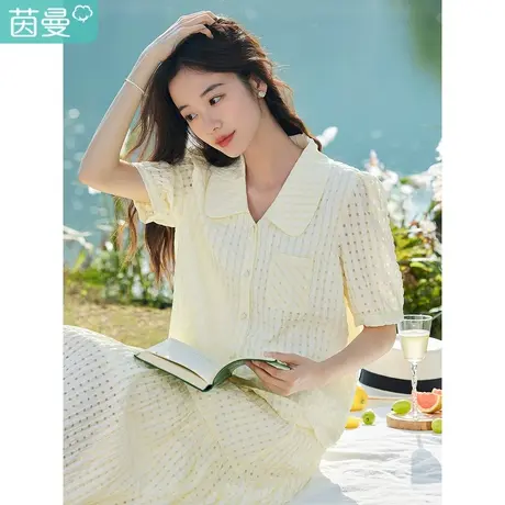 茵曼2023夏季女装新款田园休闲修身显瘦肌理感翻领泡泡袖衬衫衬衣图片