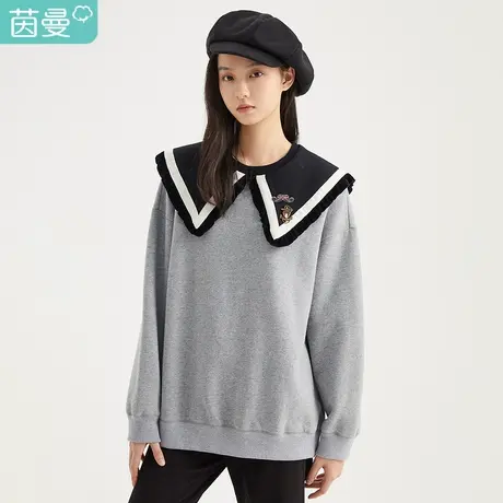 【商场同款】茵曼刺绣女2023冬季新款木耳边大翻领套头学院针织衫图片