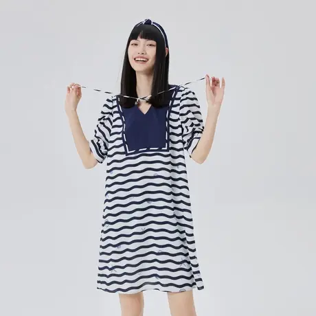 艾莱依海军风系带连衣裙女夏季新款时尚波浪纹显瘦宽松甜美中长裙图片