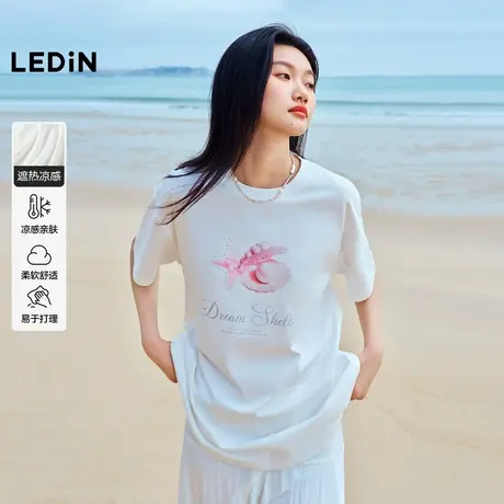【凉感】乐町海洋少女休闲短袖夏季字母印花oversize圆领宽松T恤图片