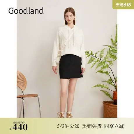 Goodland美地秋季羊毛连帽套头提花毛针织衫图片