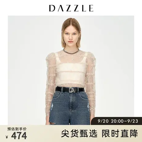 DAZZLE地素奥莱 深卡其色网纱蕾丝打底衫上衣女2D1D5367N图片
