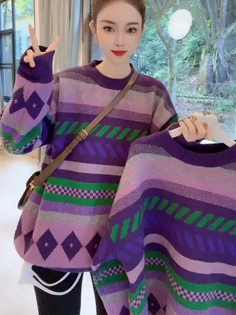 设计感撞色拼接加厚款针织衫女2023冬季新款圆领长袖保暖百搭毛衣商品大图