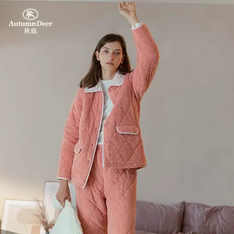 秋鹿加绒保暖秋鹿加厚家居服女士冬季休闲开衫翻领夹棉睡衣女秋冬商品大图