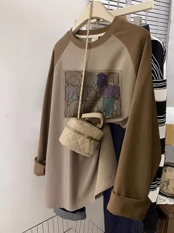 秋季纯棉打底衫美式复古hiphop潮牌长袖t恤女ins大码撞色内搭上衣商品大图