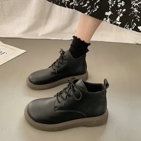 马丁靴女冬加绒2023秋季新款平底百搭软皮软底防滑复古低帮小短靴商品大图