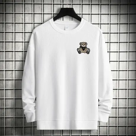 华夫格潮牌卫衣男潮流宽松白色无帽上衣服春秋款小熊圆领长袖t恤商品大图