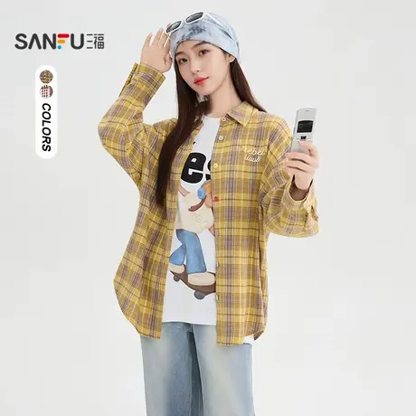 三福长衬衫2025秋季英文刺绣撞色纽扣格子上衣女装507234商品大图