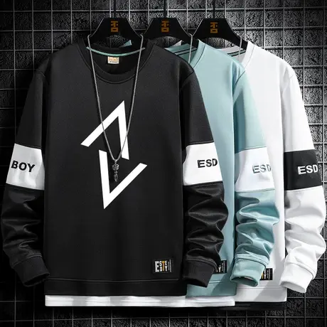 假两件男士卫衣加绒圆领秋冬季潮流秋衣长袖t恤春秋款青少年衣服商品大图