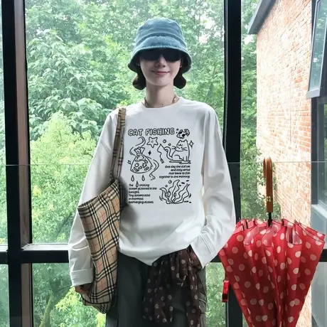 韩系慵懒风百搭纯棉白色长袖t恤女2025新款爆款简约休闲正肩上衣商品大图