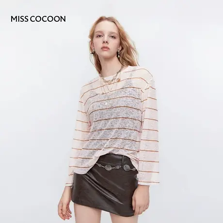MISSCOCOON可可尼粉色长袖T恤女2025秋季新款薄款条纹针织上衣图片
