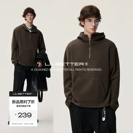 Lilbetter复古半拉链连帽卫衣2025秋宽松廓形醋酸羊毛绒立领上衣商品大图