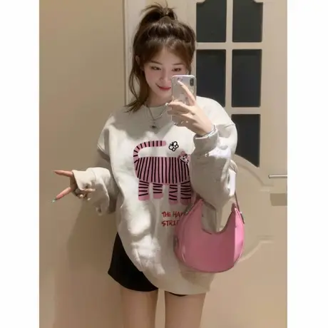 白灰色无帽卫衣女早秋薄款2025新款宽松韩系慵懒风超好看圆领上衣商品大图