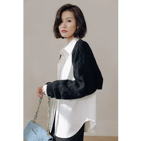 弥古黑色复古麻花毛衣外套针织披肩外搭女秋冬法式小坎肩半截开衫图片