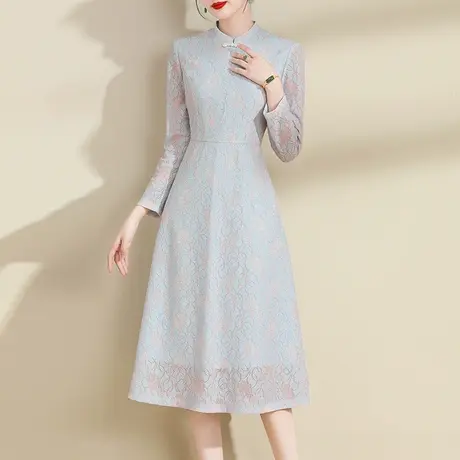 水墨青华2023冬季新款立领优雅改良中国风旗袍百搭素雅蕾丝连衣裙图片