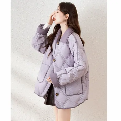 【防水】唐狮2024新款冬季穿搭短款菱格羽绒服女撞色拼接翻领冬装商品大图