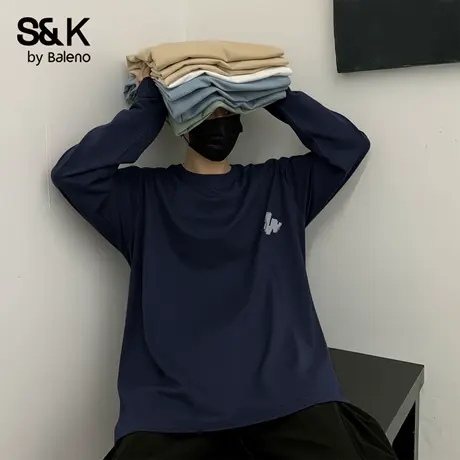 班尼路S&K系列美式潮牌长袖T恤男秋季藏青色纯棉上衣宽松休闲男装商品大图