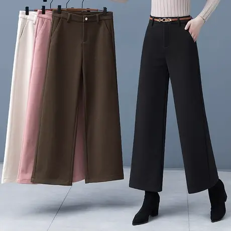 米色窄版阔腿裤女秋冬2023新款宽松休闲女裤加厚裤子女羊绒直筒裤图片