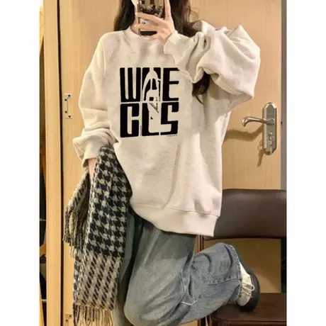 潮牌落肩无帽灰色卫衣女秋季2025学生内搭圆领套头字母长袖上衣潮商品大图