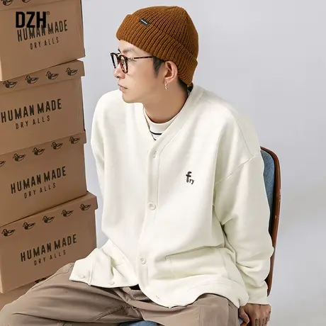 男士杏色开衫卫衣男春秋季潮牌宽松刺绣开衫外套潮流百搭2023新款商品大图