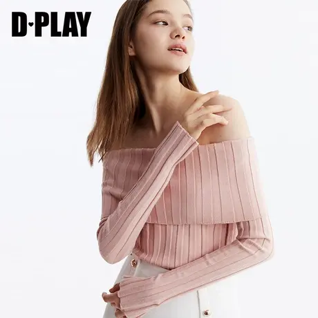 DPLAY德帕拉早秋新品暗粉色翻折一字肩袖口开叉长袖针织衫商品大图