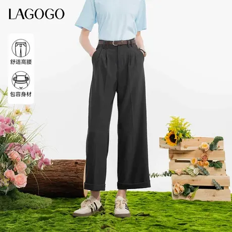 LAGOGO通勤黑色西装裤女拉谷谷夏季新款宽松休闲裤高腰卷边直筒裤商品大图