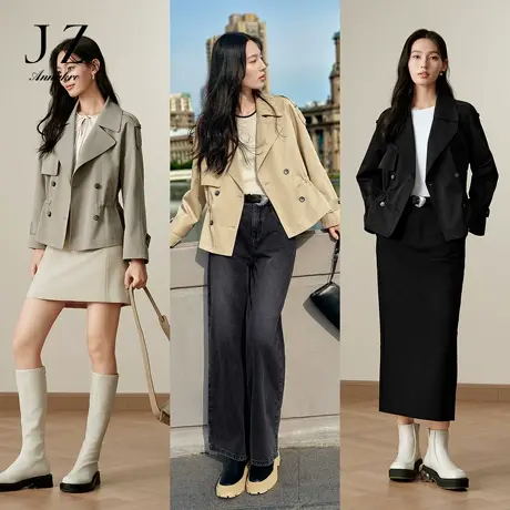 玖姿安娜蔻复古英伦风驳领抽绳短款无龄风衣小个子短外套女装秋季图片