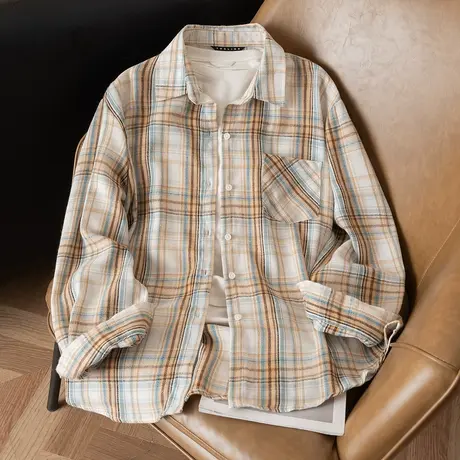 唐狮新款春秋男士长袖衬衫复古时尚百搭格子衬衫休超好看TMTA图片