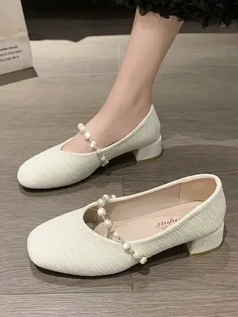 港风复古玛丽珍鞋女方头夏季2023新款粗跟豆豆奶奶鞋珍珠低跟单鞋商品大图