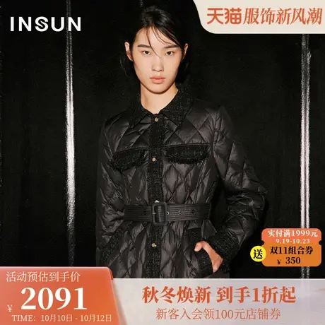 [安心绒]恩裳COVER2023冬装衬衫领拼接粗花呢香风长款收腰羽绒服图片