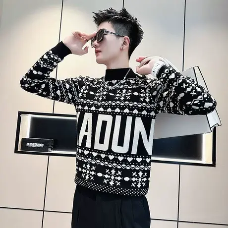 男士毛衣2023秋冬装潮流网红满印字母印花内搭针织衫线衣花色体恤商品大图