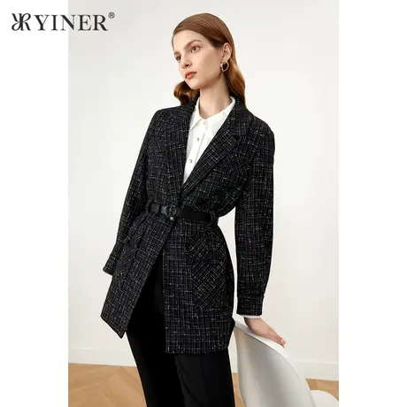 YINER音儿商场同款女装2021秋冬新款西装领粗花呢短外套商品大图