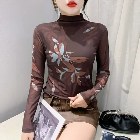加绒半高领网纱T恤女长袖性感扎染印花秋冬打底衫时尚修身上衣ins商品大图