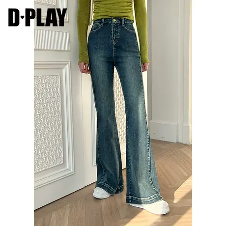 DPLAY2023冬拉腿神器复古牛仔蓝高腰修身微喇弹力口碑牛仔长裤商品大图