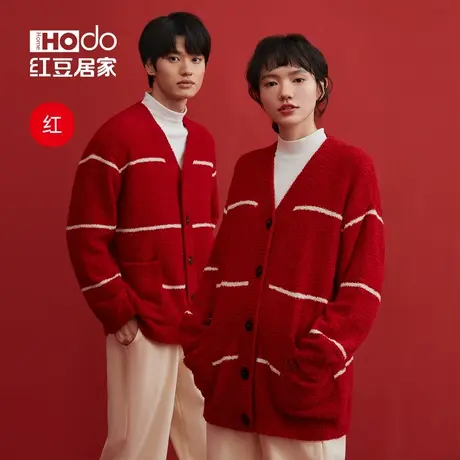 【红豆红】情侣珊瑚绒睡衣女半边绒家居服秋冬本命年男士上衣外套商品大图