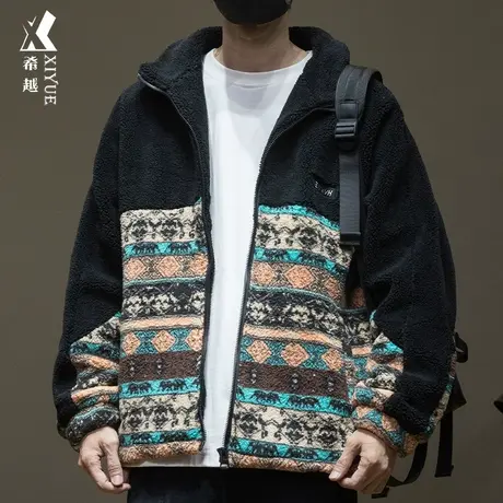 希越加绒加厚奥粒绒棉衣男士秋冬宽松大码民族风撞色设计夹克外套图片