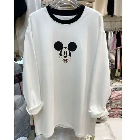 卡通漫画包边撞色圆领中长款大版T恤宽松版长袖显瘦休闲打底衫t恤商品大图