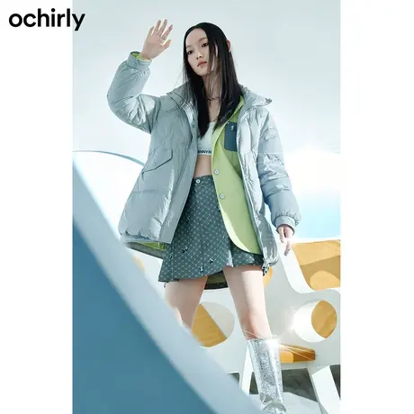 【七七酱专享】欧时力 中长款羽绒服女新款秋冬立领裥纹抽绳外套图片