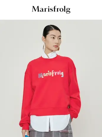 【言选好物】玛丝菲尔春新款红色/黑色圆领宽松卫衣女上衣商品大图